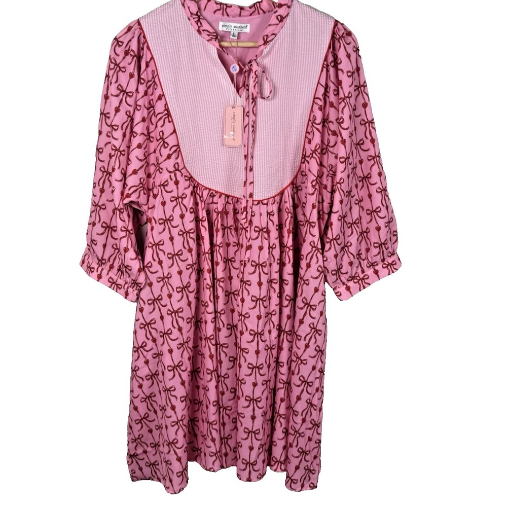 Simply Southern Pink Bow Yoke Babydoll Dress Puff Sleeve Valentine Coquette L - Picture 1 of 13